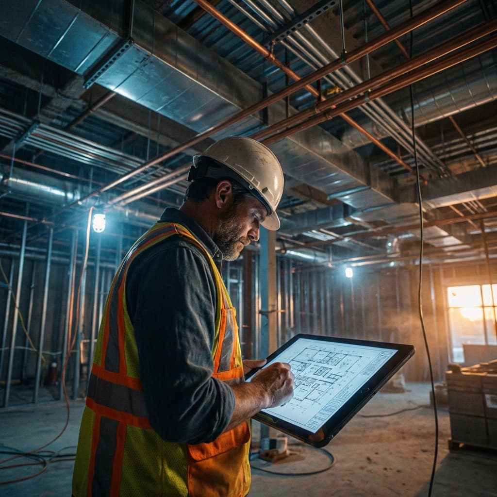 MEP contractor reviewing submittal documents at a construction site